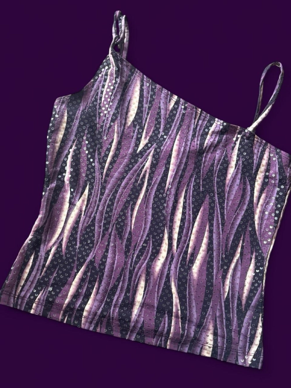 Y2K Purple Patterned Spaghetti-Strap Tank Top